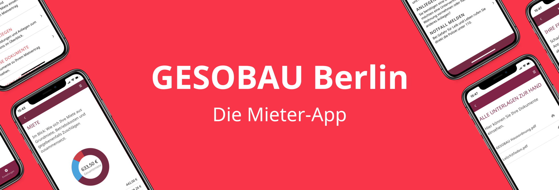 Grafik zeigt verschiedene Ansichten der GESOBAU Berlin App auf einem Smartphone.